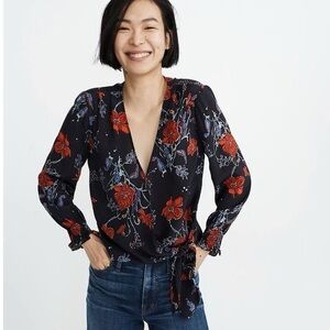 Madewell floral smocked-sleeve wrap top